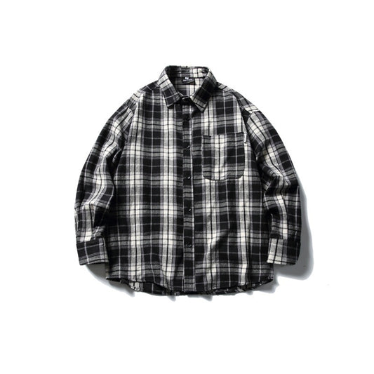 Harajuku Style Men's Loose Shirt with Plaid Collar