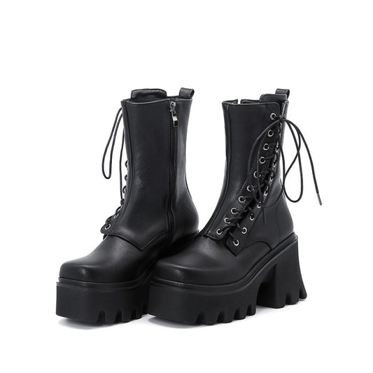 Autumn and Winter Lace-Up Chunky High-Heeled Platform Women's Short Boots Martin Boots