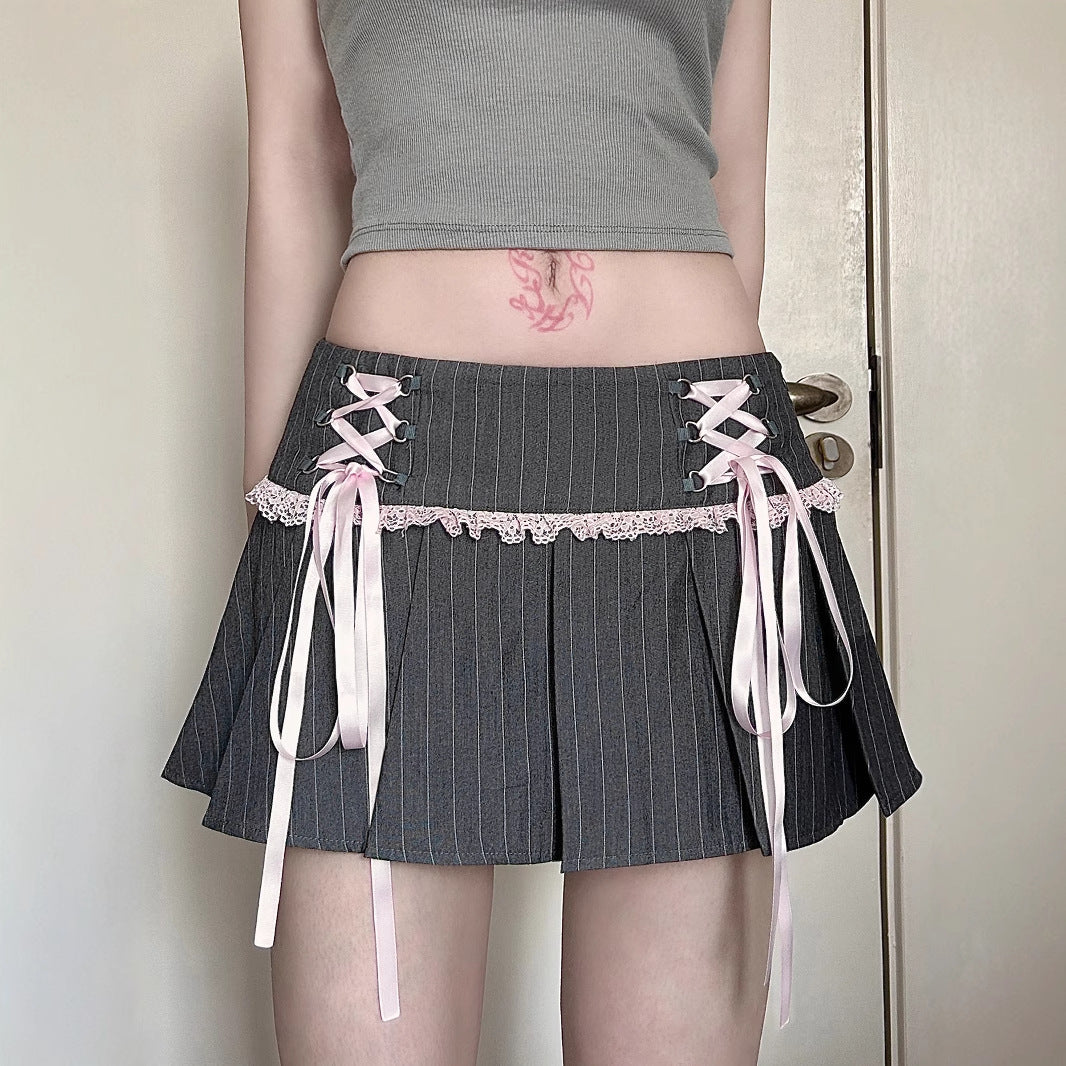 Lace-Up Striped Bow Lace Spliced Pleated Skirt