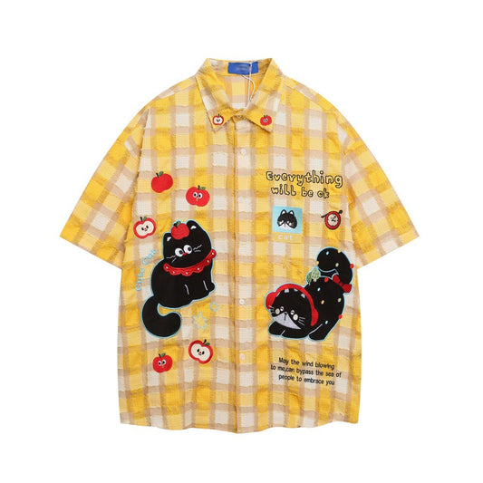 Cat Cartoon Plaid Short Sleeve Shirt - Harajuku Style