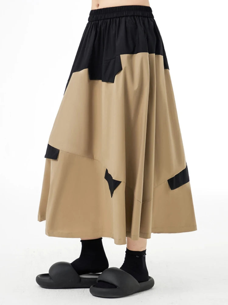 High Elastic Waist Khaki Color-block A-line Skirt for Women