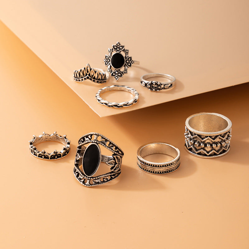 Black Oil Drip Geometric Ring Set - Retro Style Accessories