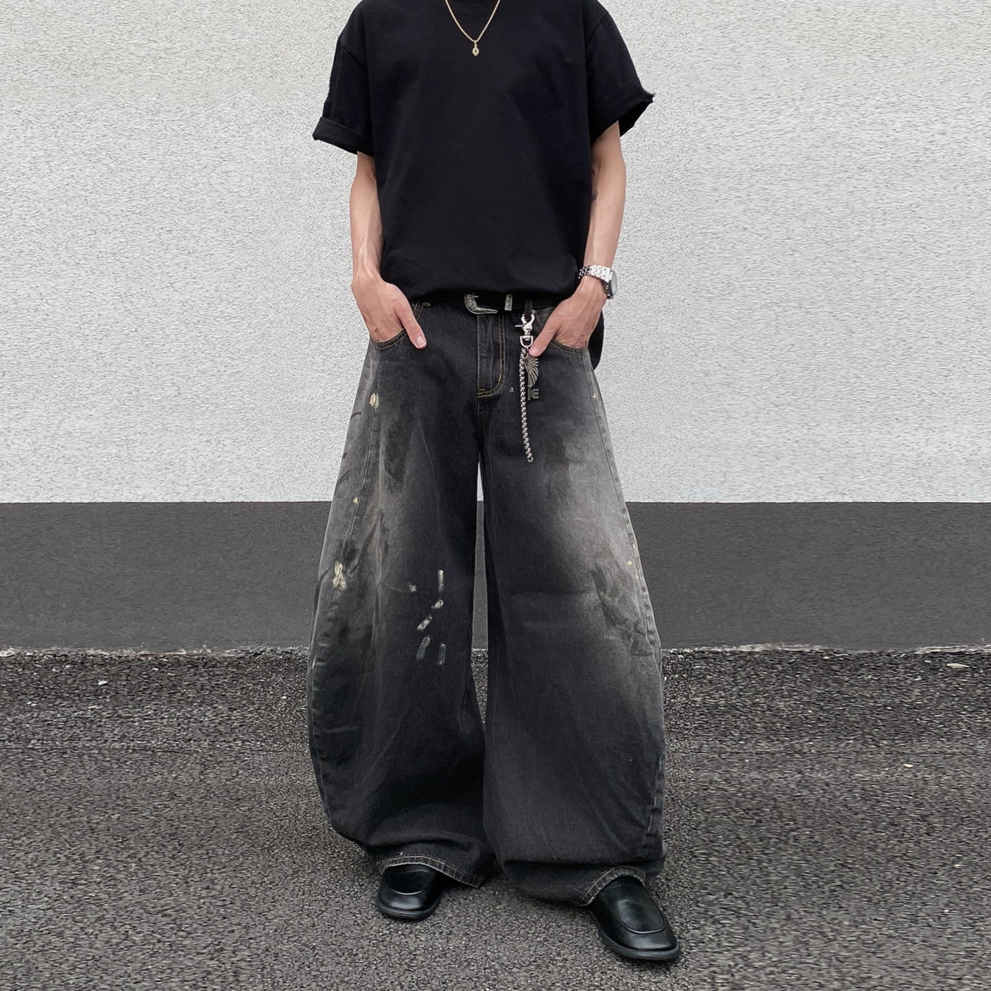 Gradient Black Splashed Ink Wide Leg Jeans for Men