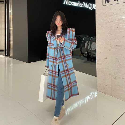 Vintage Blue Checked Loose Wool Coat with Puff Sleeves