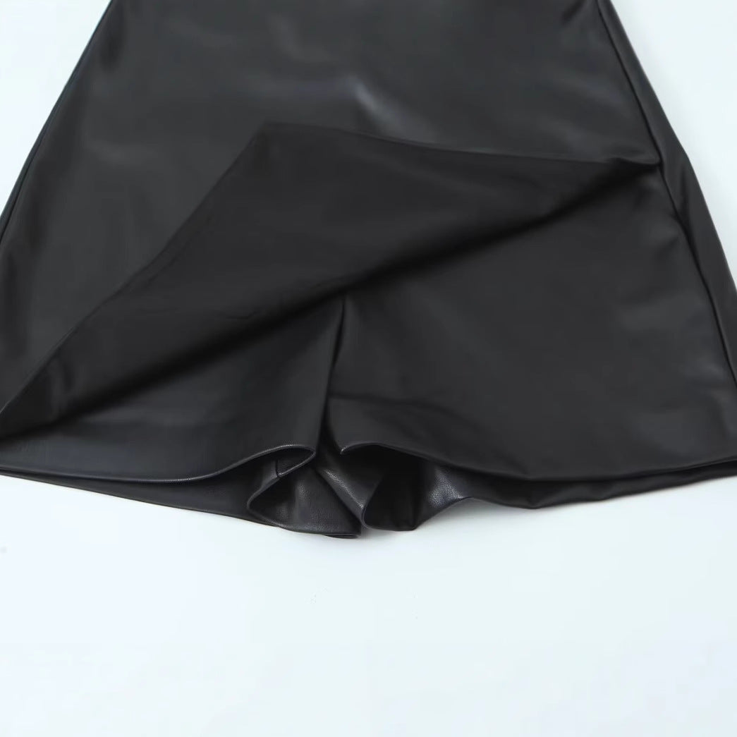 Simple and Versatile Solid Color Faux Leather High-Waisted Skirt Pants