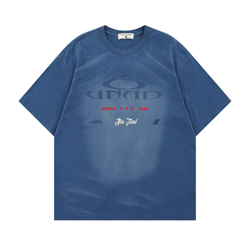 Water Washed Faded Spray Color Letter Cotton T-Shirt