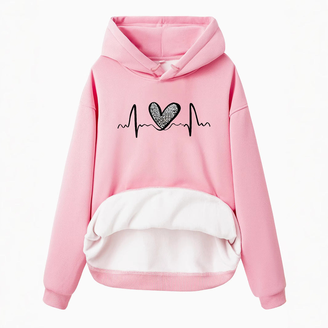 Pocket Hooded Long Sleeved Fleece Sweatshirt with Leopard Print Heart Design