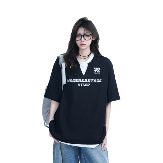 Contrasting Splicing Short Sleeved T-Shirt for Women