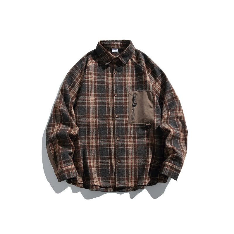 Color-Blocked Checkered Zipper Pocket Loose Long Sleeve Shirt