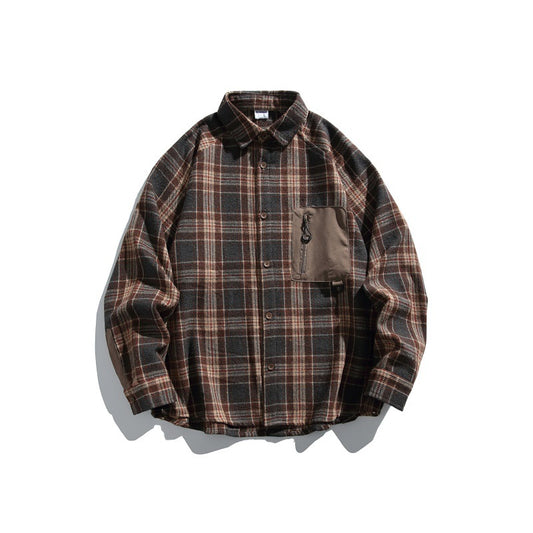 Color-Blocked Checkered Zipper Pocket Loose Long Sleeve Shirt