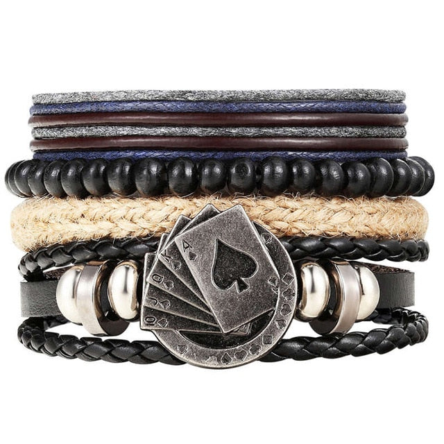 Punk Leather Lucky Spade Poker Charm Bracelet for Men