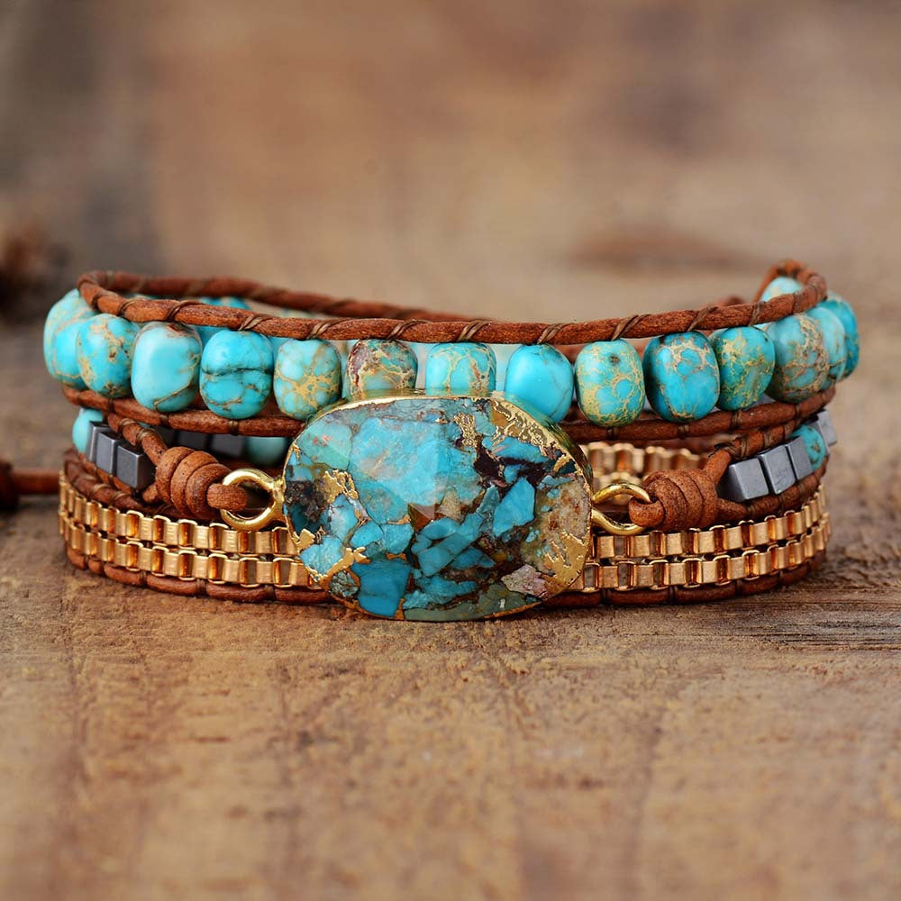 Boho Cut Corner Turquoise Triple Wrap Bracelet