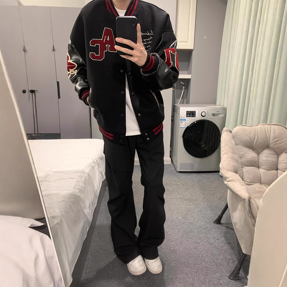 Vintage Streetwear Varsity Jacket with Patchwork Leather Sleeves and Embroidery