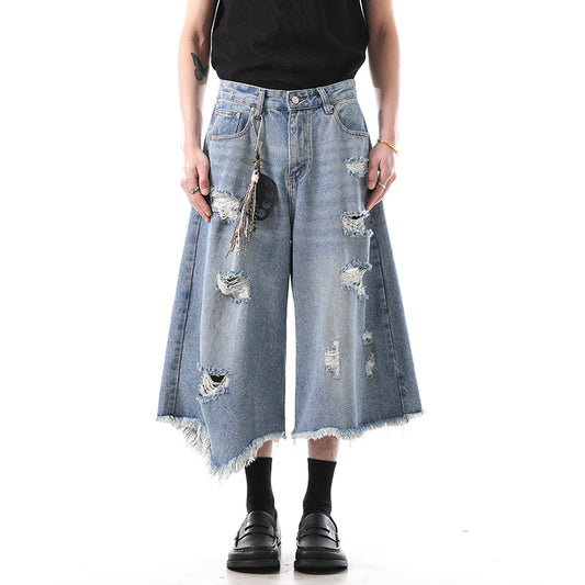 Playful Irregular Tassel Ripped Cropped Pants