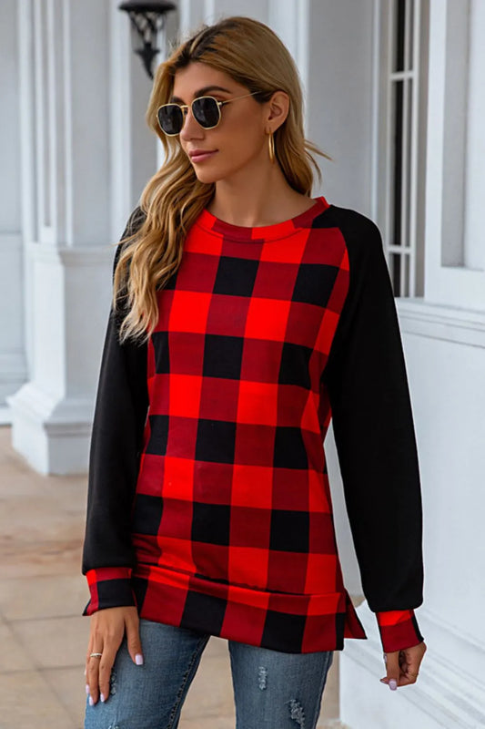 Harajuku Plaid Round Neck Long Sleeve T-Shirt