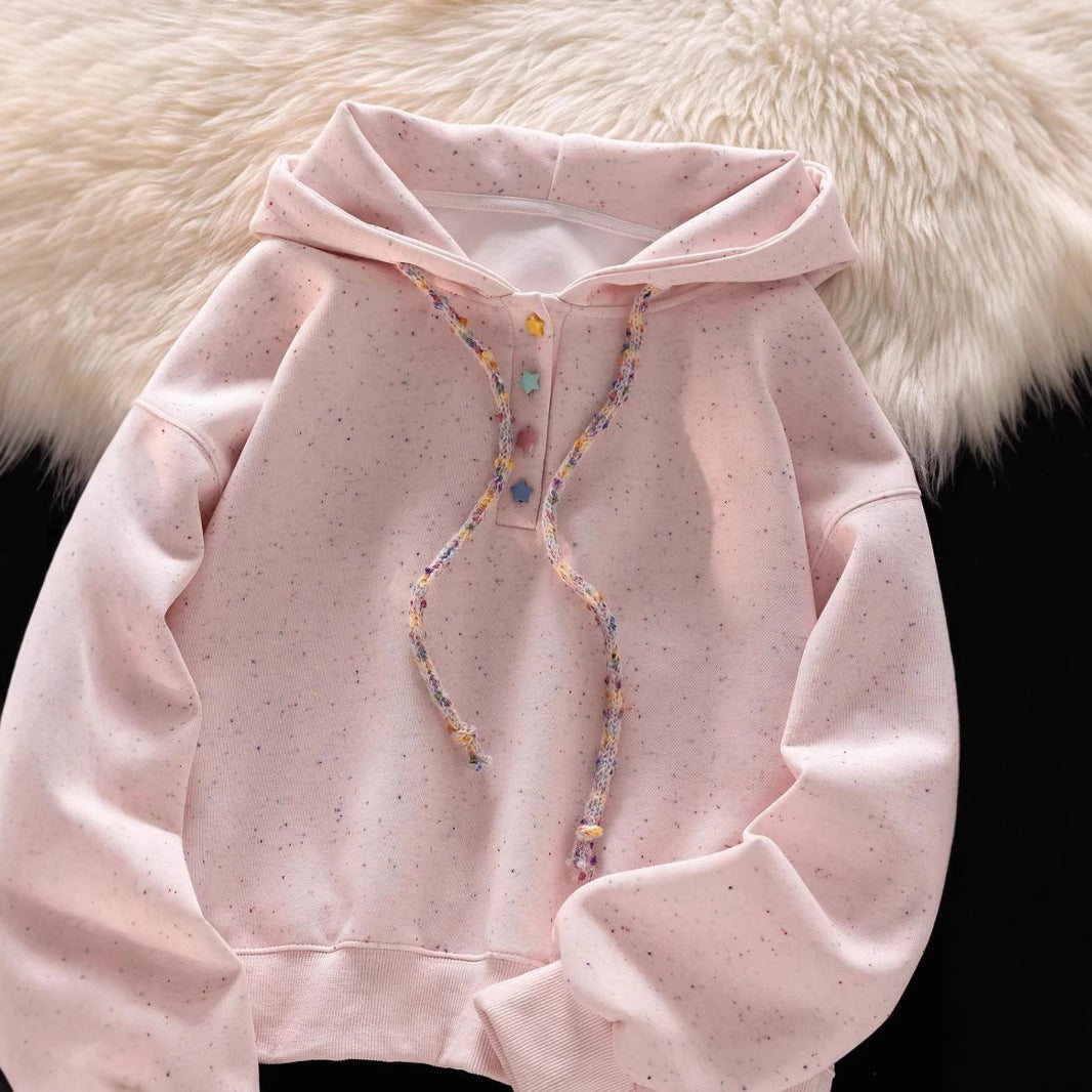 Cute Pink Polka Dot Hoodie Sweatshirt Women's Loose Top Outerwear