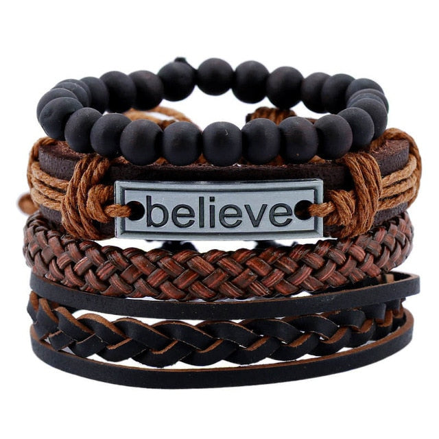Punk Leather Lucky Spade Poker Charm Bracelet for Men