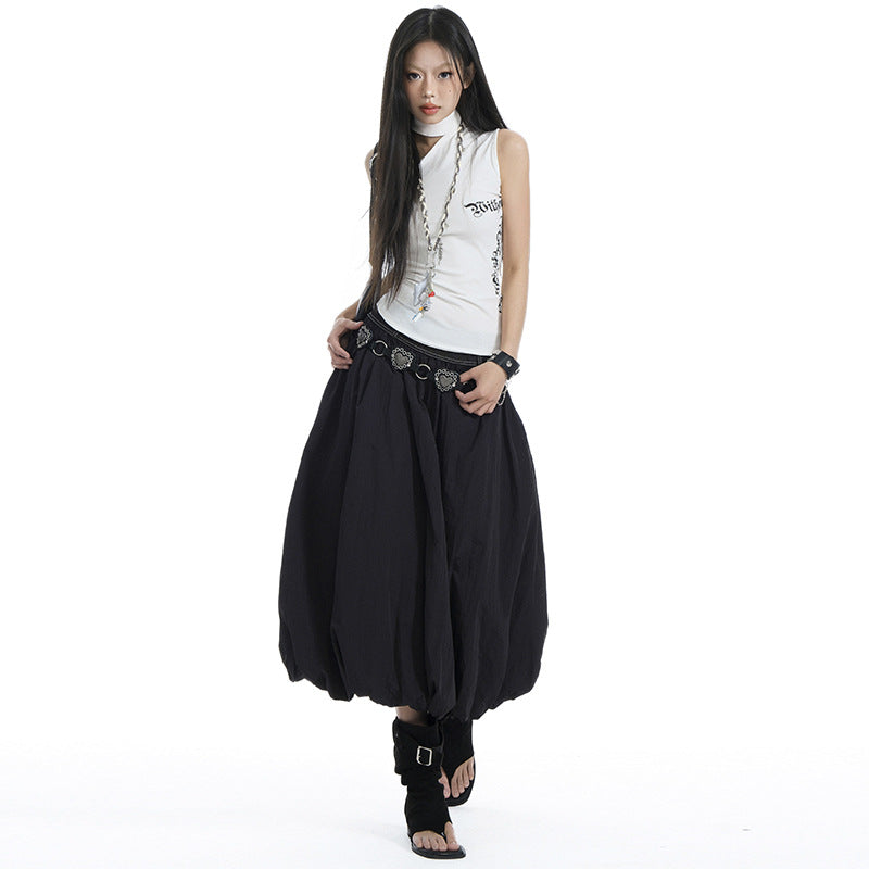 Women's Elastic High Waist Pleated Bubble Skirt A-line Loose Lantern Skirt