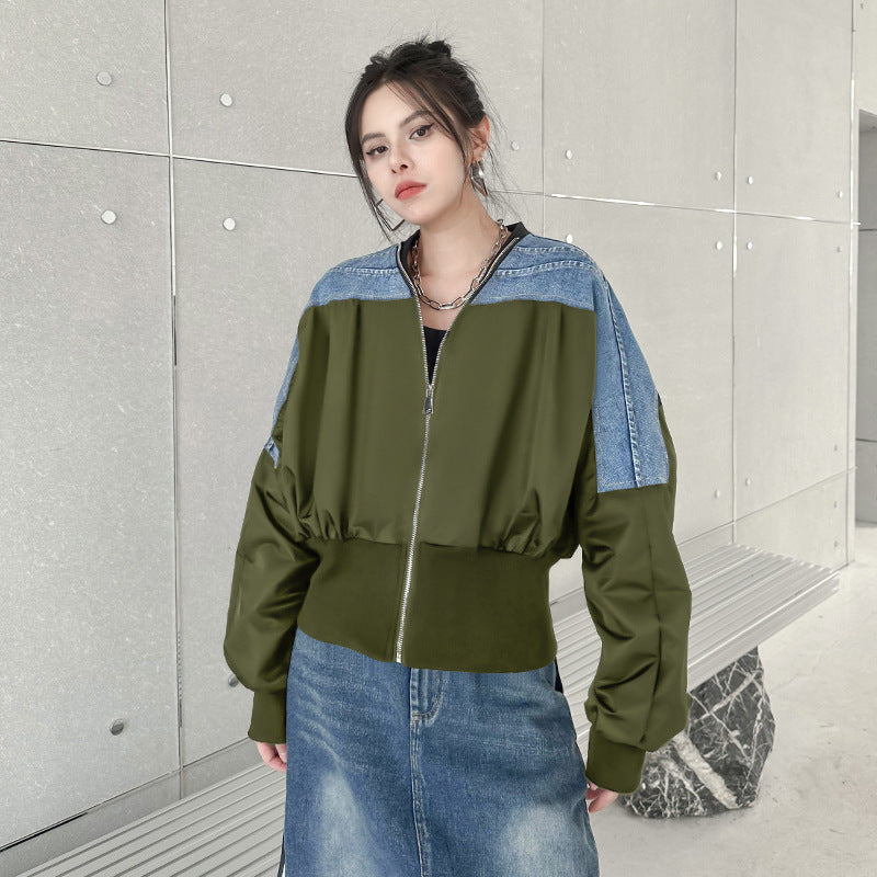 Harajuku Style Blue Denim Color-Block Jacket for Women