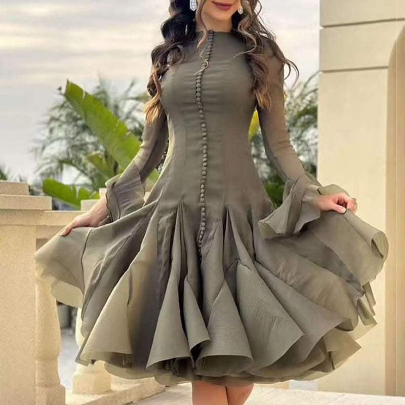 Harajuku Style Ruffled Mid-Length Dress with Trumpet Sleeves