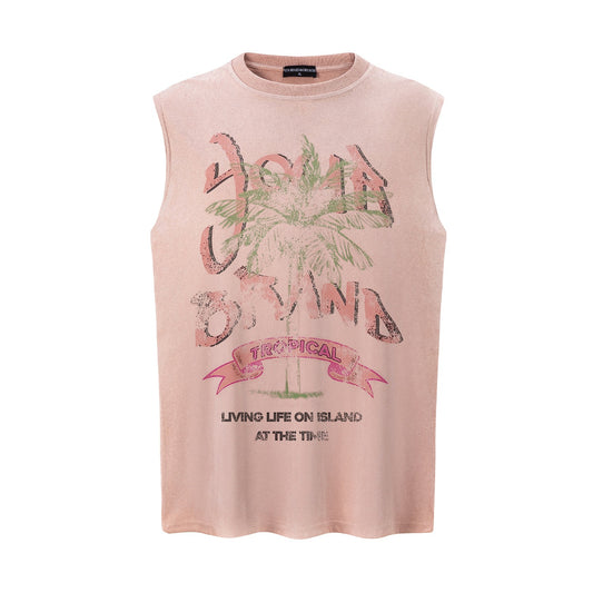 Make Old Coconut Tree Printed Vest — Harajuku Street-Style Loose Cotton Tank
