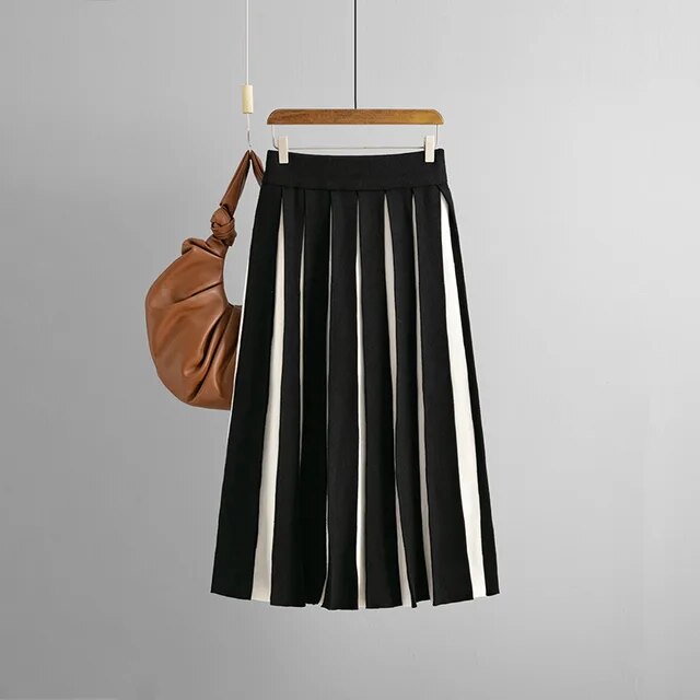 Harajuku Style Knitted Long Skirt - High Waist Black & White Stripes