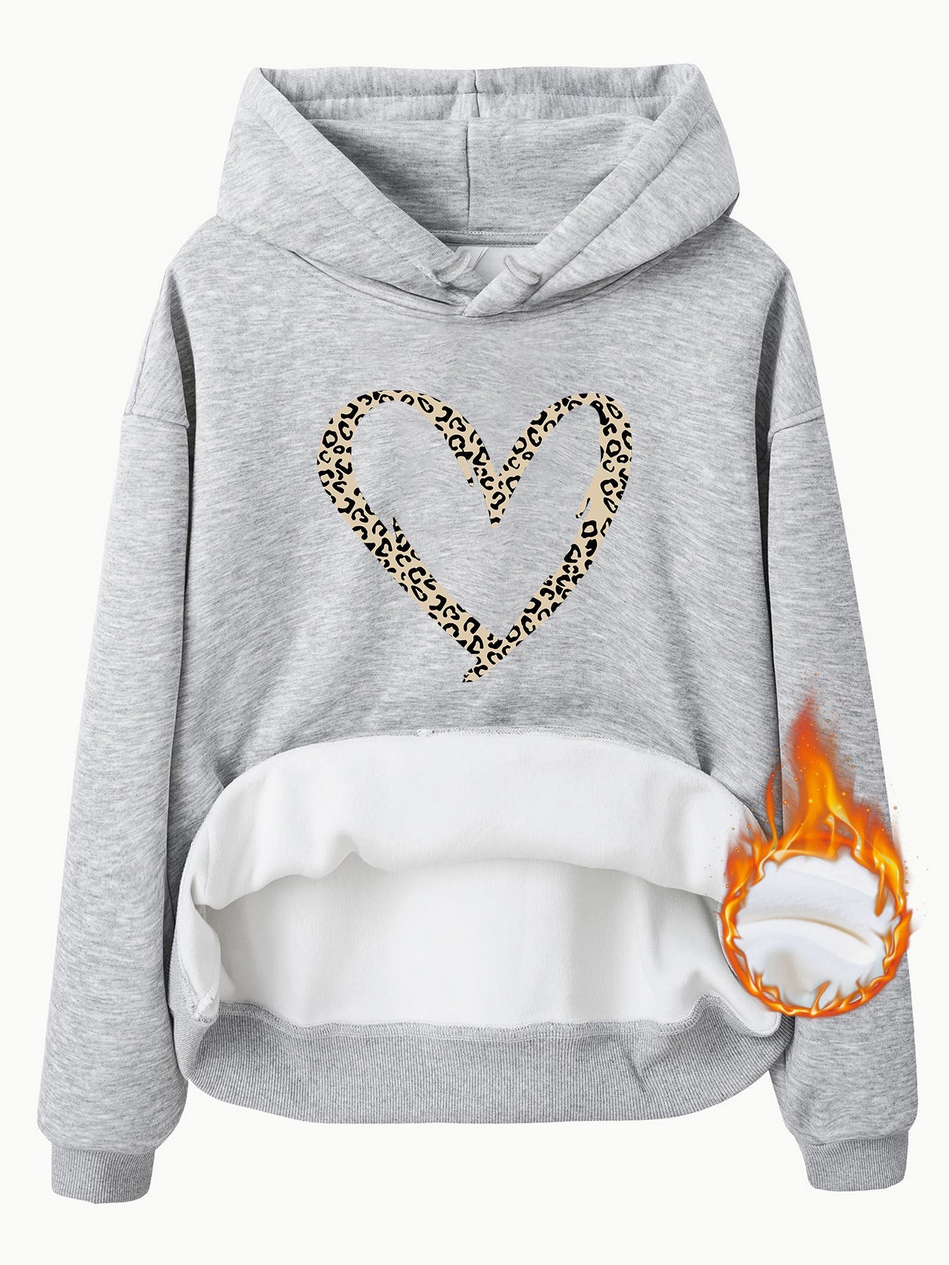 Hooded Long Sleeve Fleece Hoodie with Kangaroo Pocket and Heart-Shaped Print