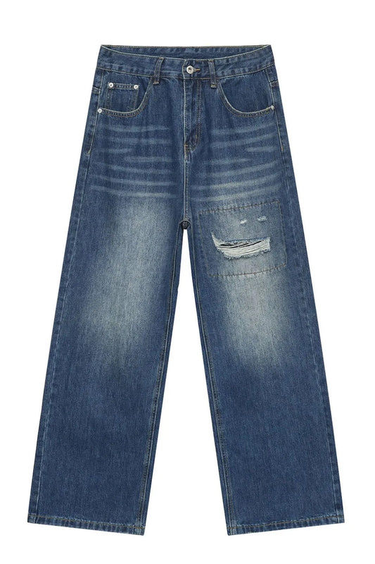 Men's Distressed Applique Straight Jeans - Harajuku Style