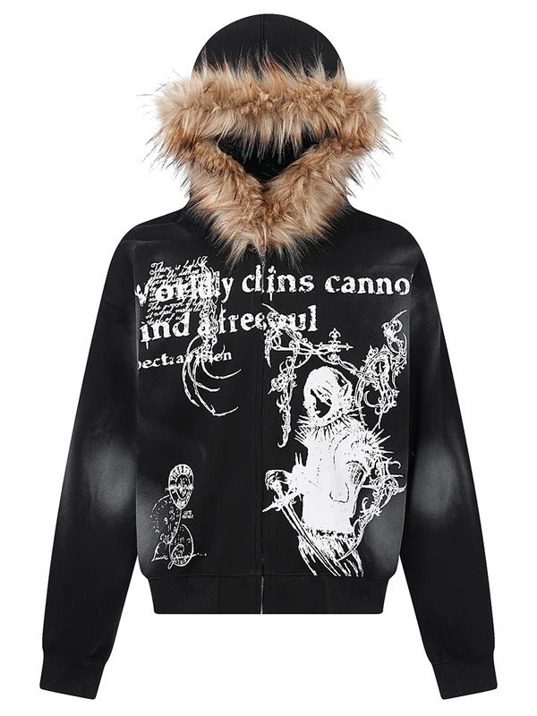 Printed Fur Collar Hoodie Top Dark Jacket