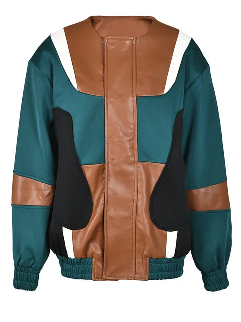 Color-Block Loose Fit PU Leather Jacket for Women