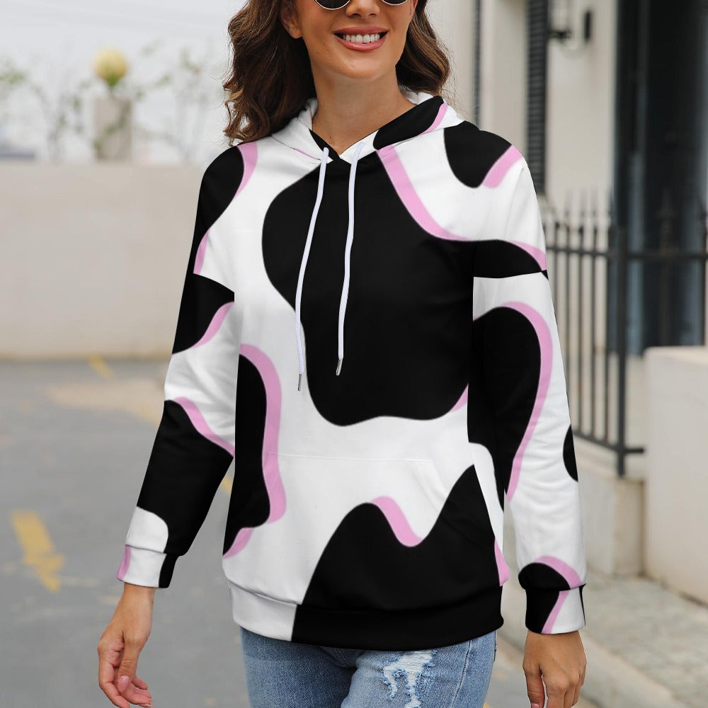 Black and Pink Cow Pattern Dropped Sleeve Hoodie