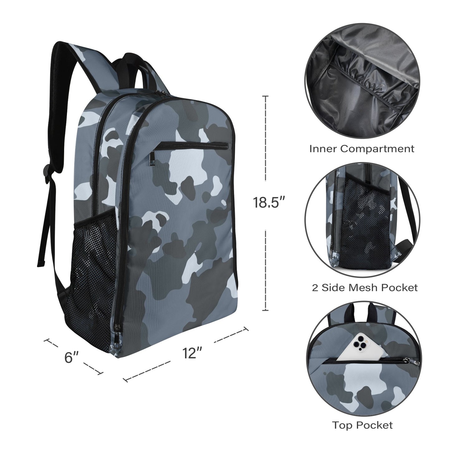 Dark Blue Gray Camo All Over Print Leisure Sports Backpack