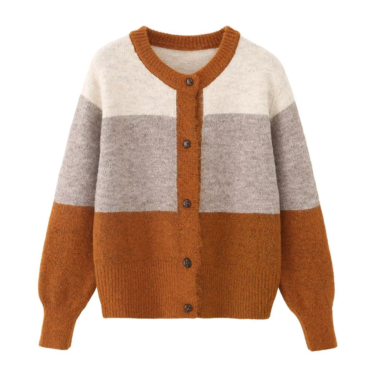 Striped Round Neck Single-Breasted Long-Sleeve Sweater