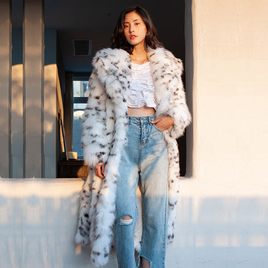 Harajuku Style Long Black Dot Leopard Print Fur Coat