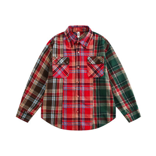 Harajuku Style Loose Plaid Patchwork Long Sleeve Shirt