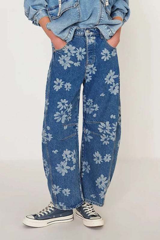 Flower Print Wide Leg Jeans for Harajuku Style