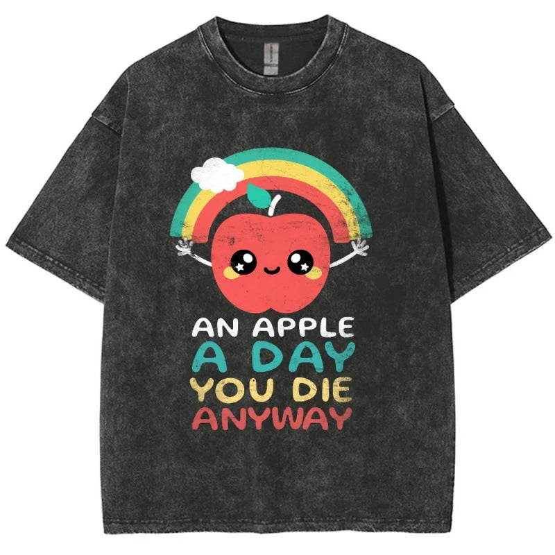 Summer Cartoon Cute Pattern Printed T-Shirt Vintage Washed Cotton Short Sleeve Top