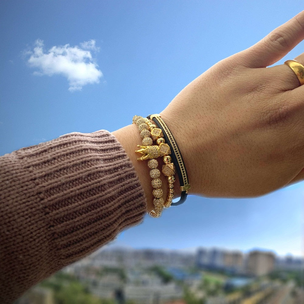 3pcs Luxury CZ Crown Charm Men’s Bracelets Set