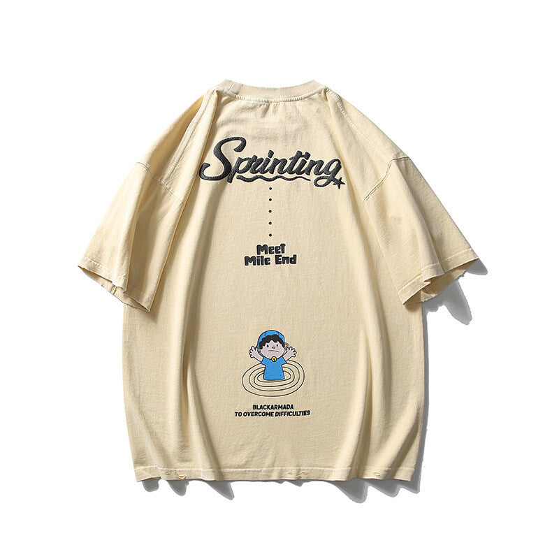 Playful Pattern Embroidered Water Washed Short Sleeve Tee
