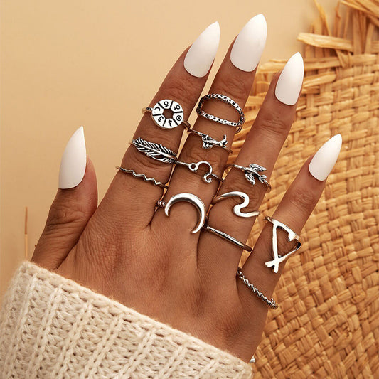 Vintage Moon Feather Geometric Ring Set - 12 Piece
