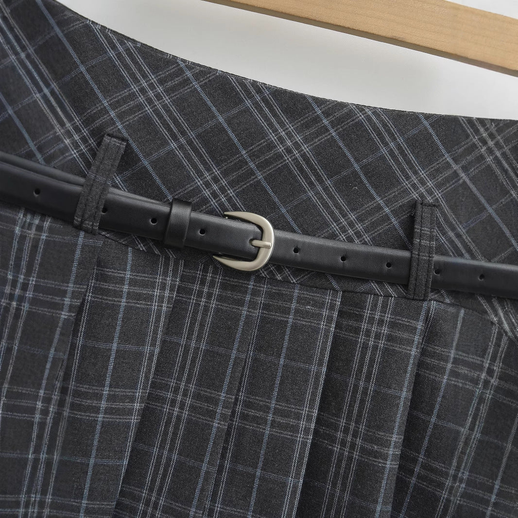 High Waist Slimming Small Plaid Belt Pleated Short Skirt