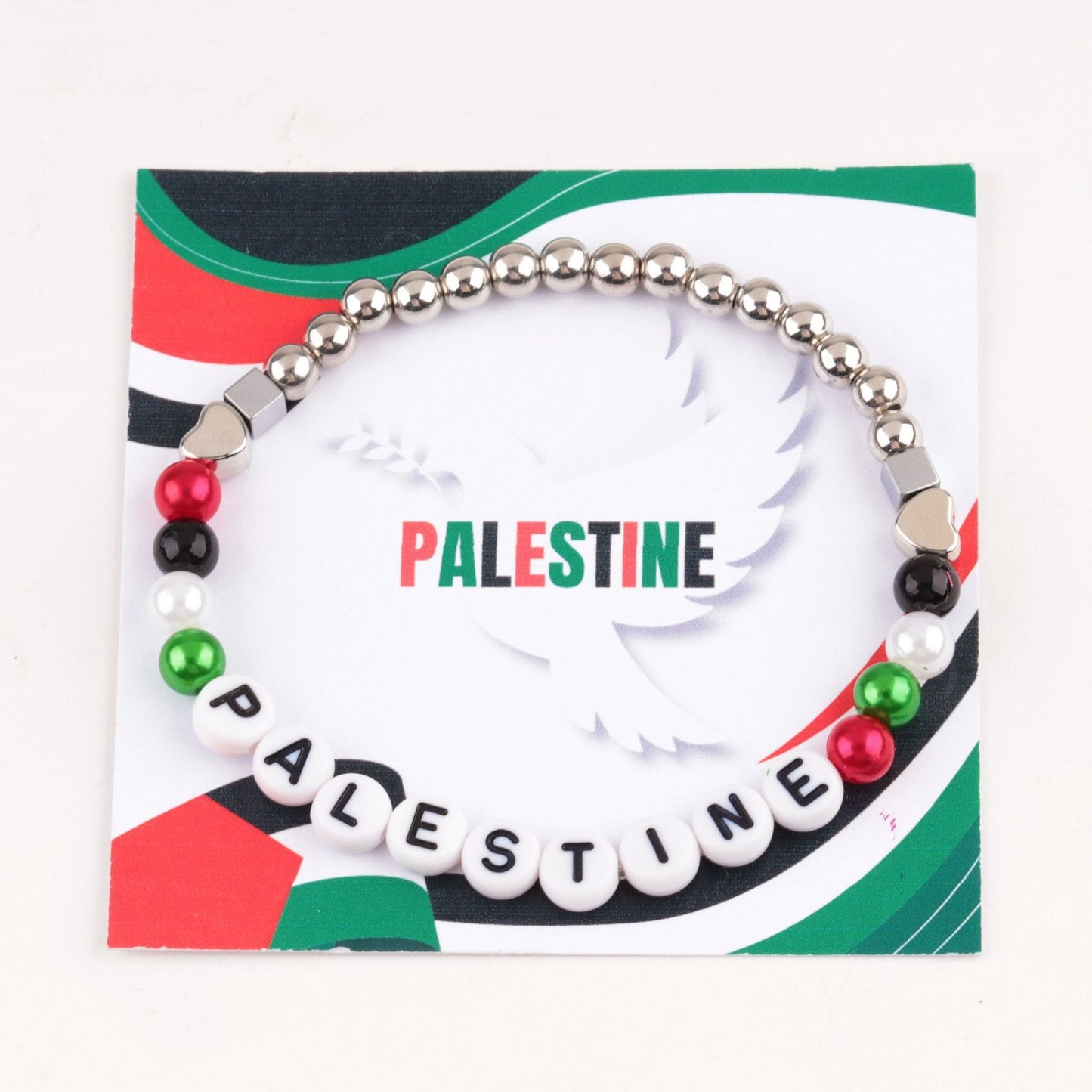 Palestine Flag Color Matching Silver Beads Bracelet