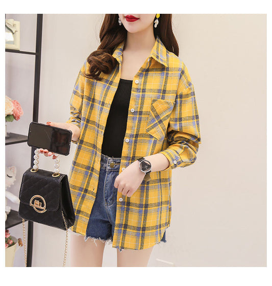 Cotton Plaid Shirt for Women - Loose Long Sleeve
