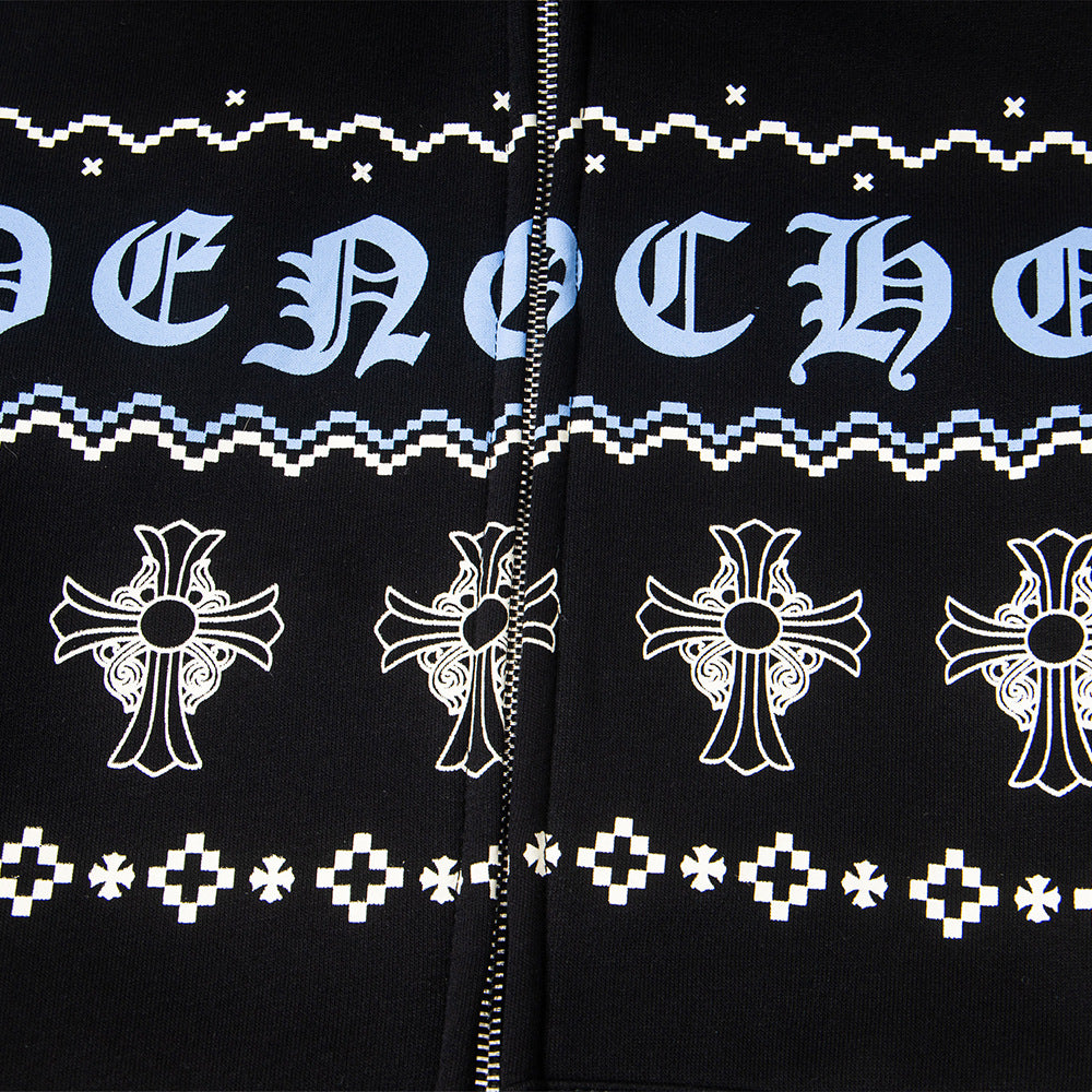 Sanskrit Cross Print Fur Collar Hooded Jacket with Fleece