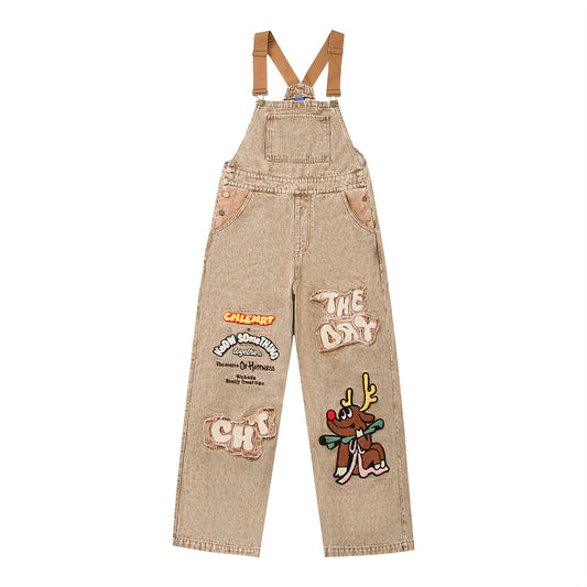 Retro Cartoon Embroidery Denim Overalls