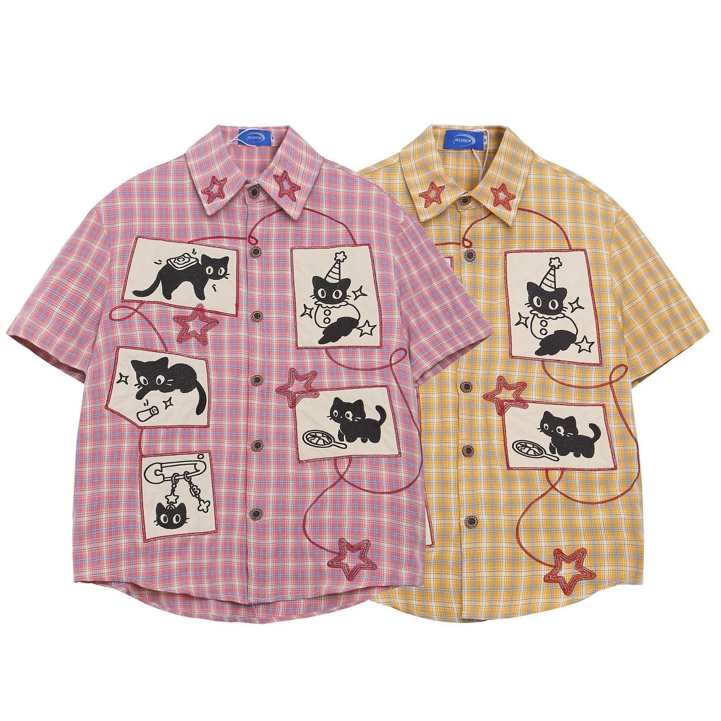 Retro Cute Cat Applique Short Sleeve Shirt