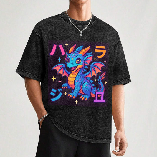 Harajuku Kawaii Dragon Vintage Wash Off Shoulder T-Shirt