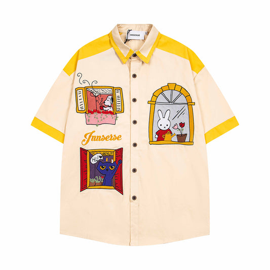 Retro Cartoon Embroidery Short Sleeve Shirt - Harajuku Style