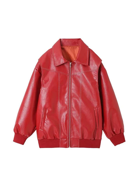 Faux Leather Oversized Bomber Jacket for Women