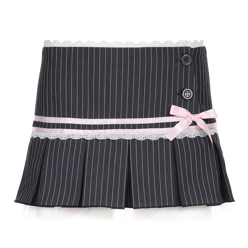 Striped Lace Bow Pleated Skirt